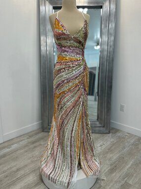 Primavera Couture 4302 Ivory/Coral Sequin Gown – Size 2